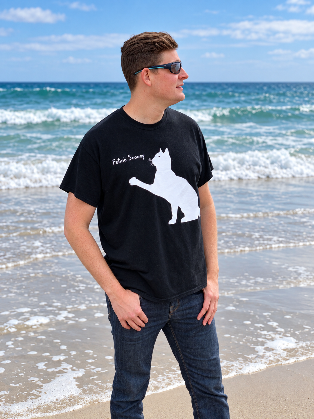 Feline Scooop shirt worn at the beach