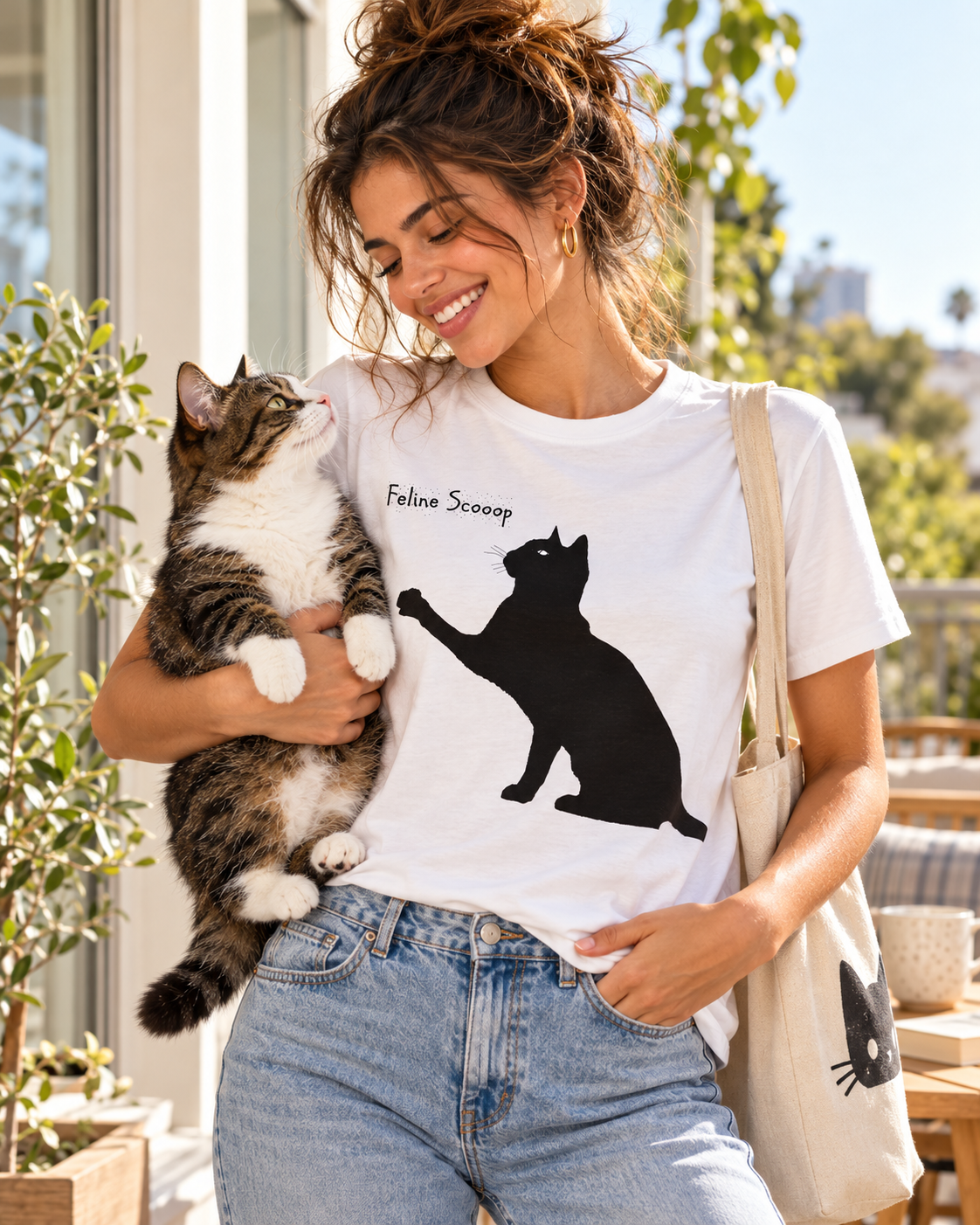 Feline Scooop white shirt lifestyle photo