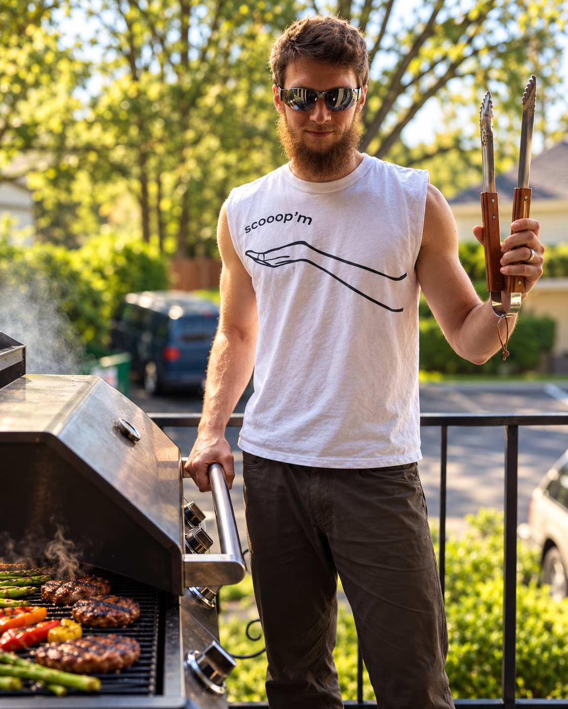 Scooop'm shirt worn at a backyard grill