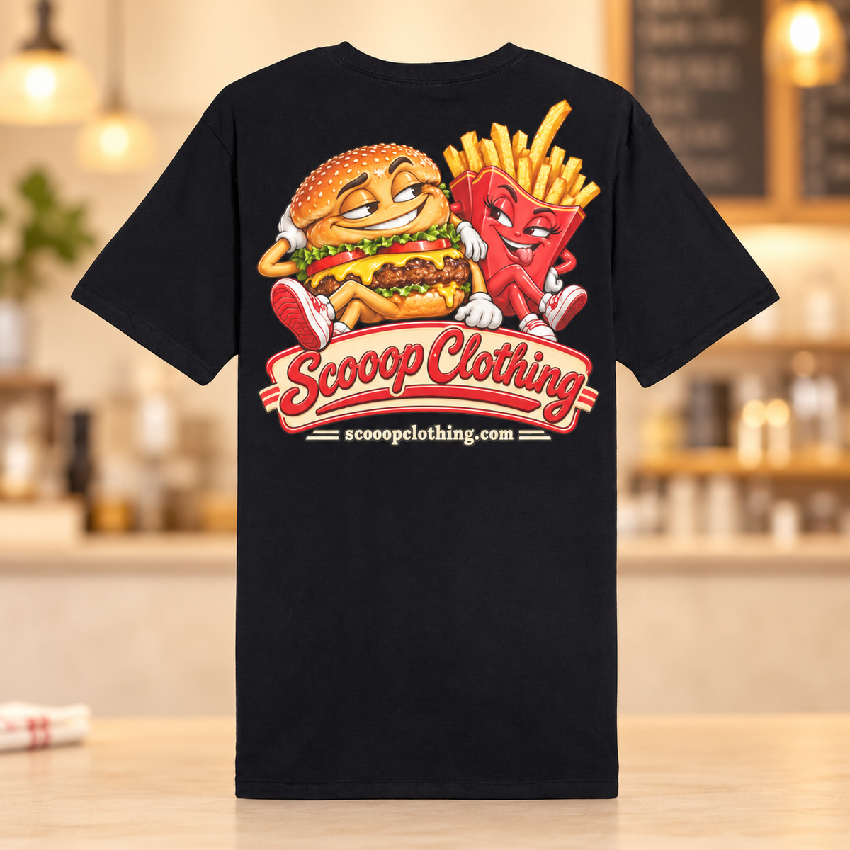 Black Food Scooop Color shirt, back view
