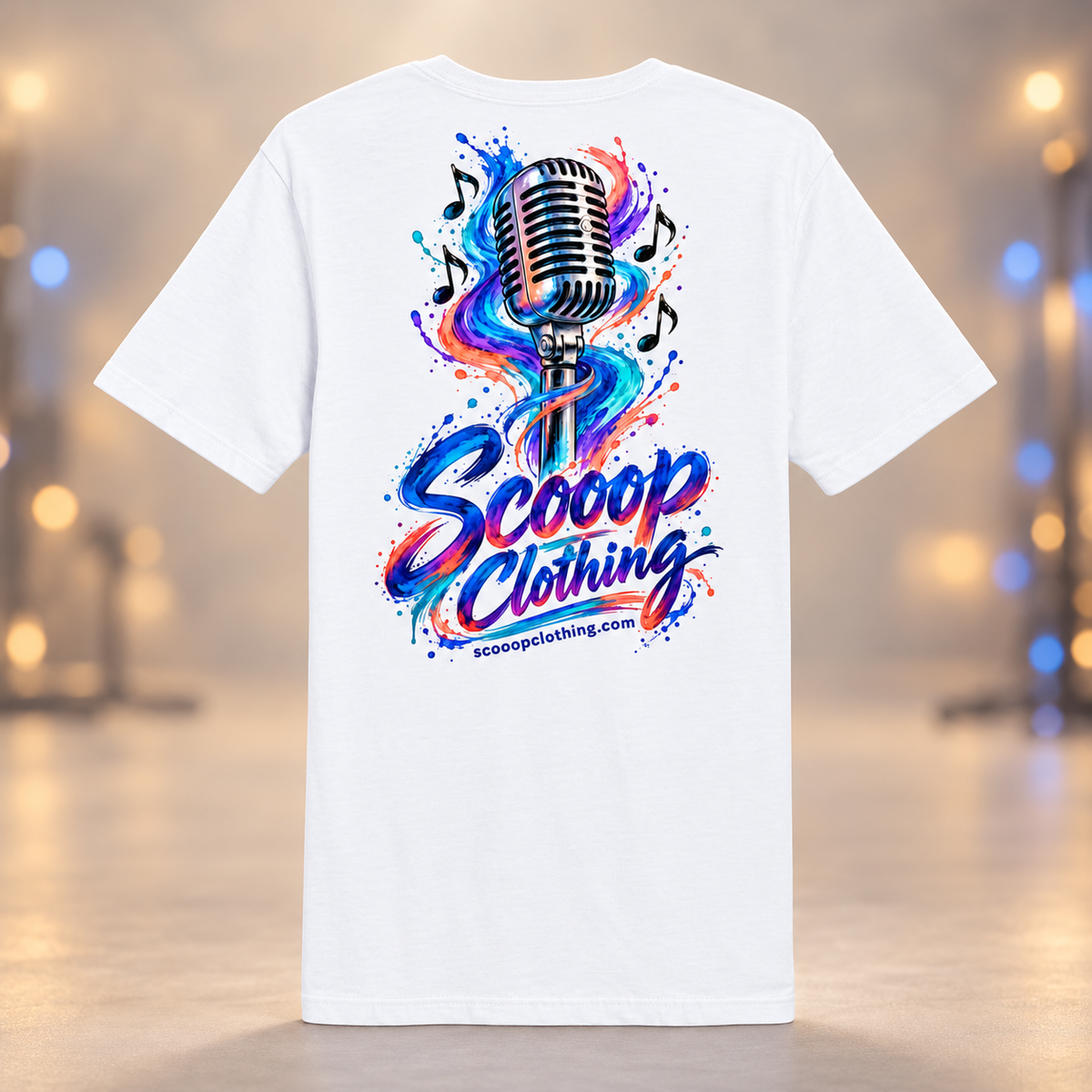 White Music Scooop Color shirt, back view